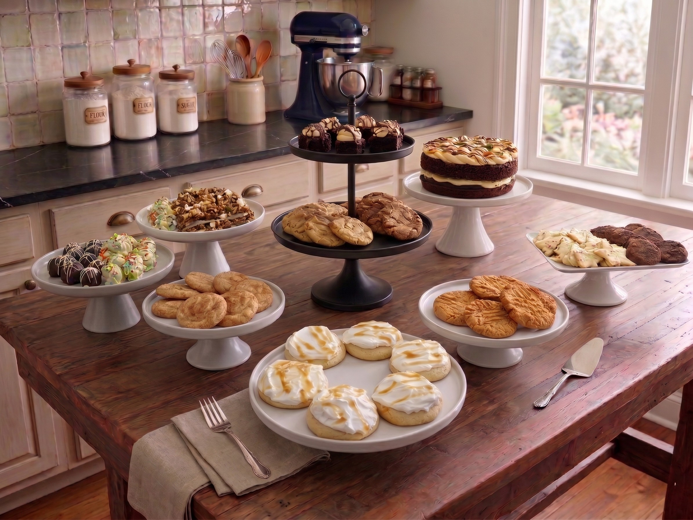 A table full of cookies, truffles, and desserts from Crouch Manor